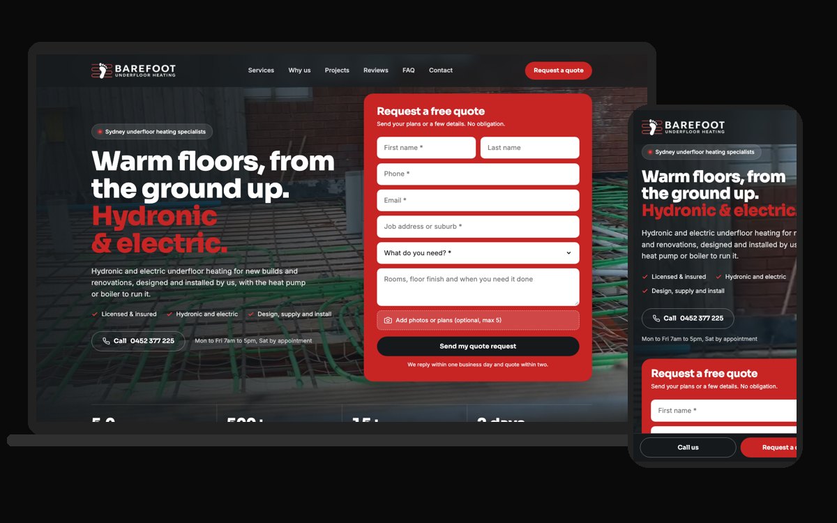 Barefoot Underfloor Heating: websites for tradies we built