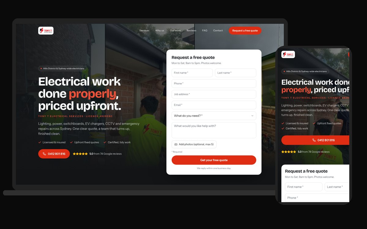 Tony T Electrical: websites for tradies we built